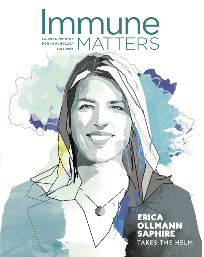 Cover of the Fall 2021 issue of Immune Matters magazine. Headline reads: "Erica Ollmann Saphire takes the helm"
