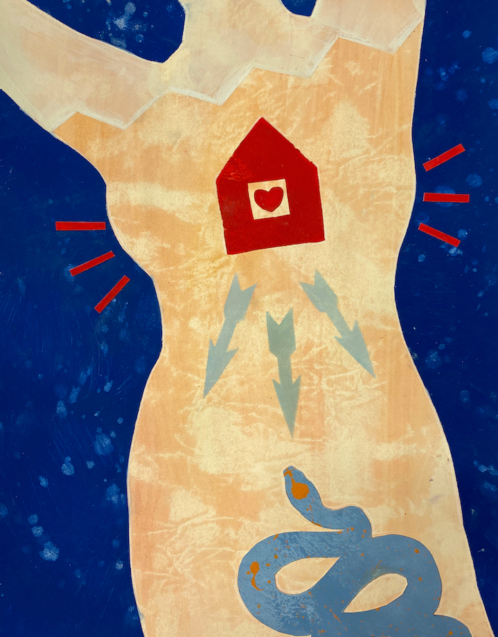 Painting of a human form with a house motif around her heart. A snake approaches, representing the threat of cancer