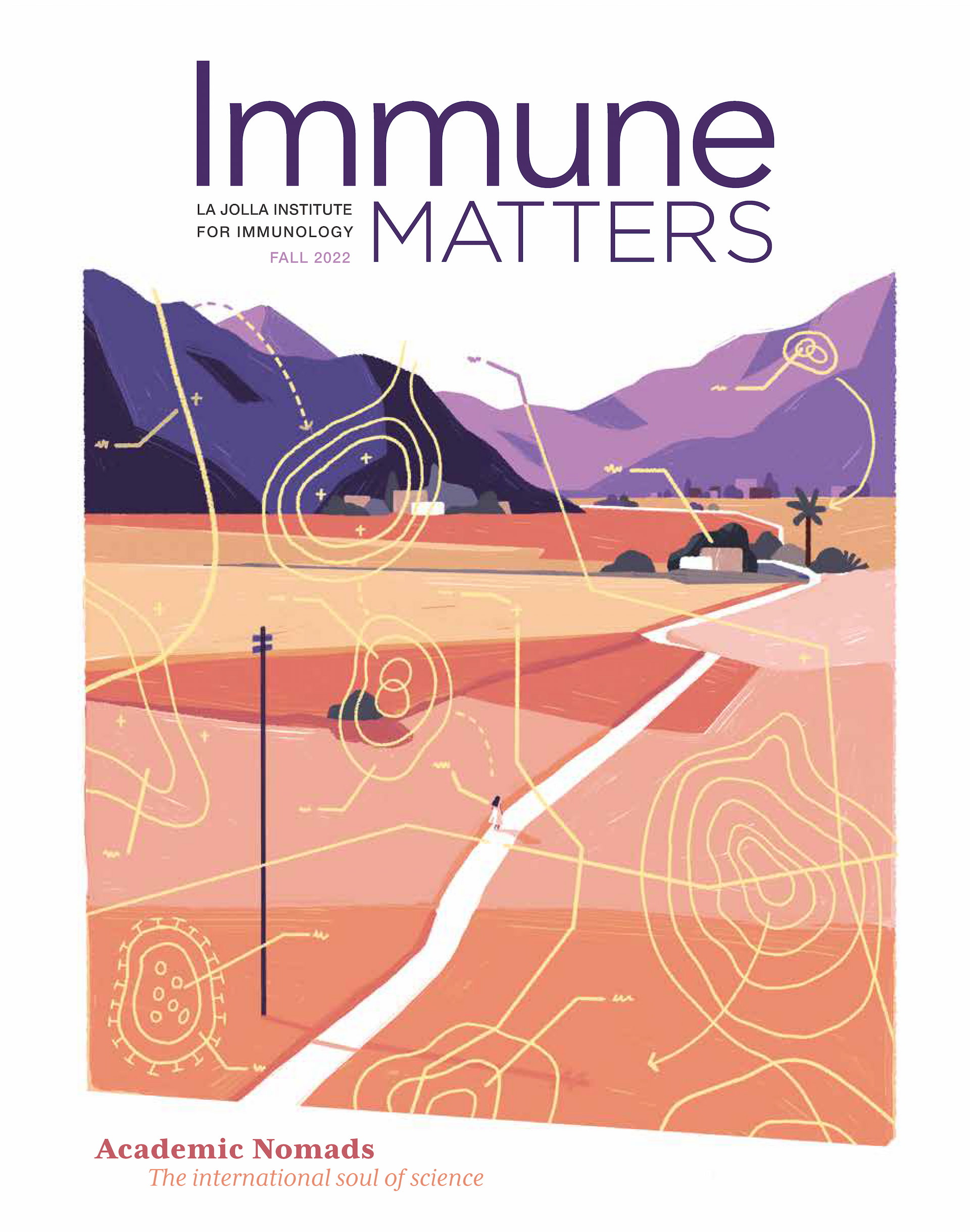 The Fall 2022 cover of Immune Matters magazine. Headline text reads: Academic Nomads: The international soul of science