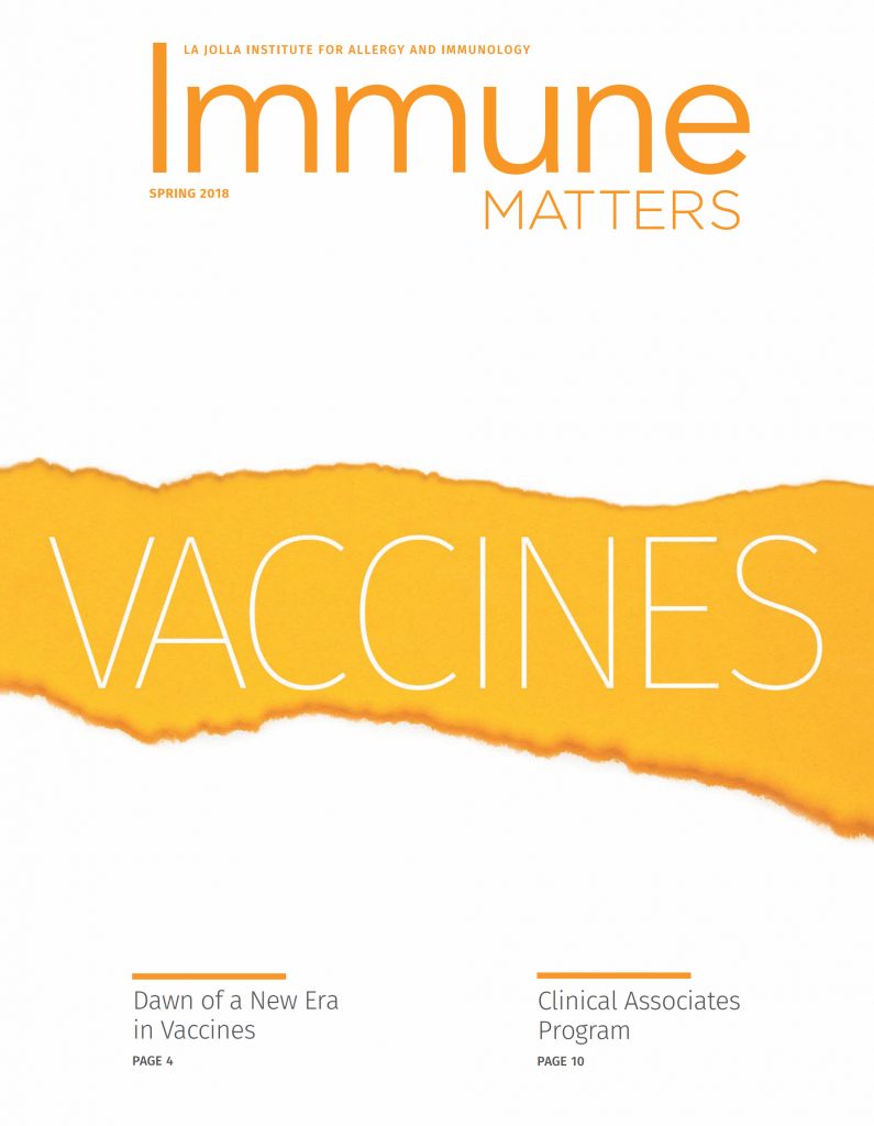 Cover of the Spring 2018 issue of Immune Matters. Headline reads: "Vaccines"
