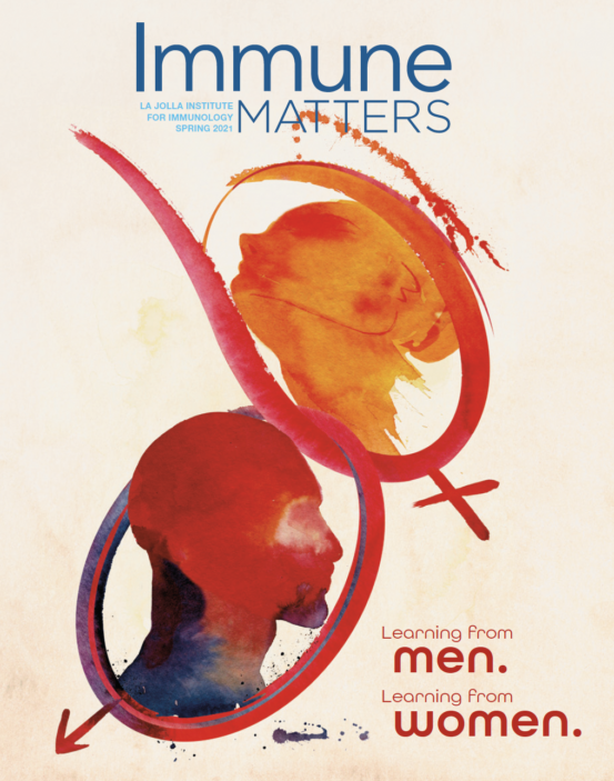 The Spring 2021 cover of Immune Matters magazine. Headline reads: "Learning from men. Learning from women."
