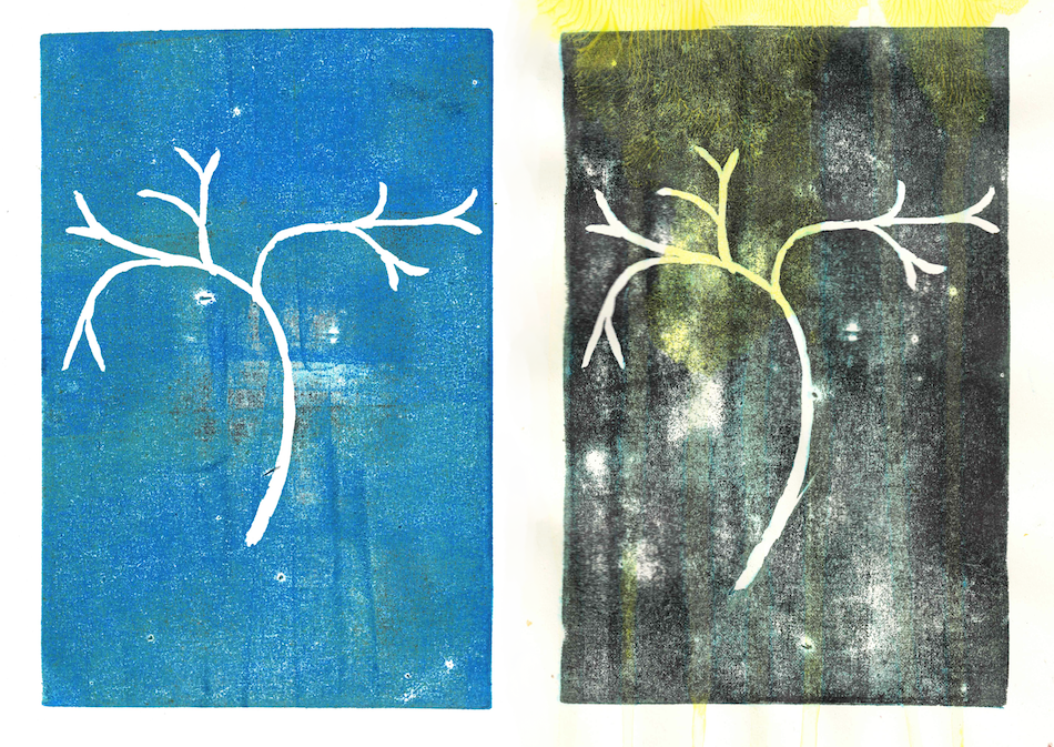 Artistic depiction of the branches of the bile duct network. One side has a bright blue background. The other side is smudged blue and black with yellow paint dripping down.