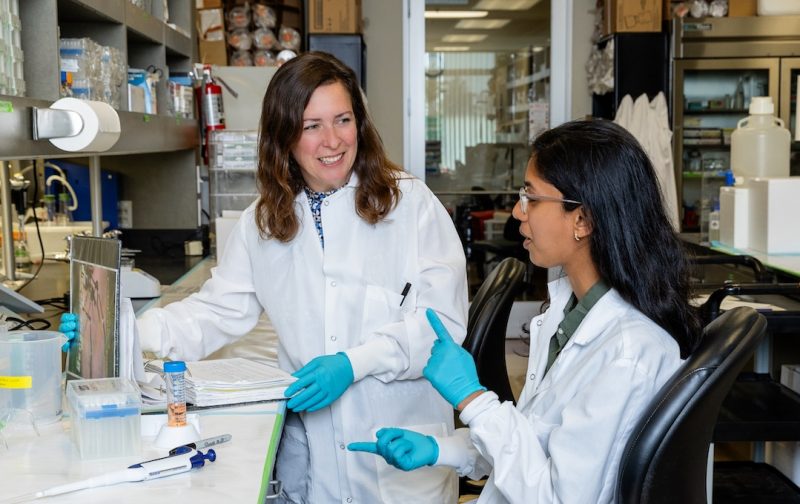 Daniela Weiskopf (left) in the lab with Rimjhim Agarwal. They are at the lab bench, wearing white lab coats and gloves. They are looking at each other and talking