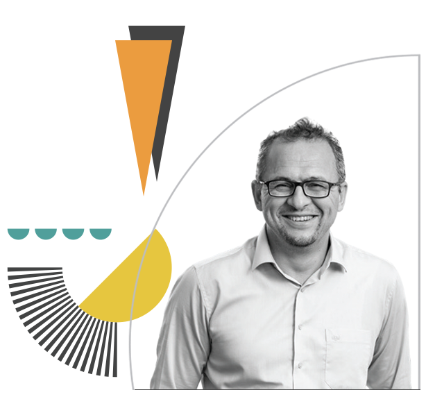 Portrait photo of Dr. Ay. In black and white with colorful lines and curved line motifs.