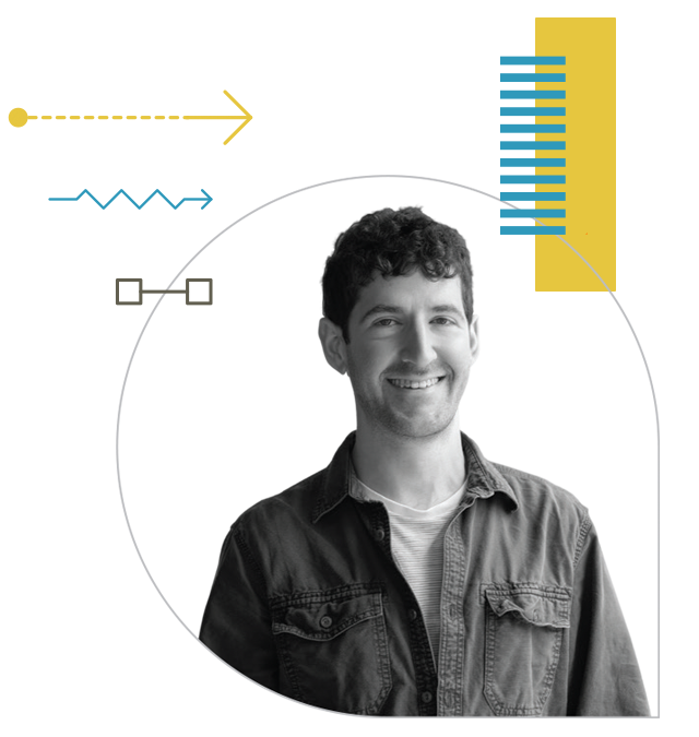 Portrait photo of Dr. Einav. In black and white with colorful lines and curved line motifs.