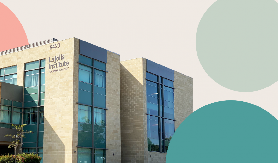 Photo of the LJI building with graphic motifs of colorful circles