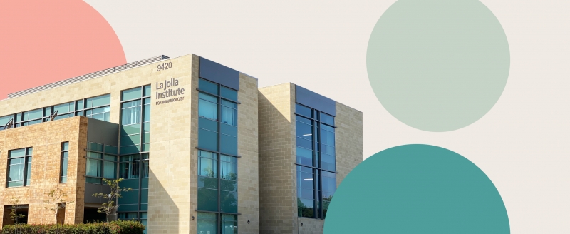 Photo of the LJI building with graphic motifs of colorful circles