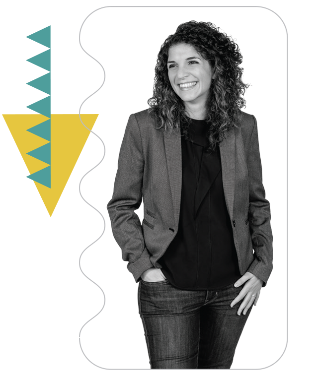 Portrait photo of Dr. Grifoni. In black and white with colorful lines and curved line motifs.