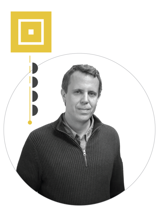 Portrait photo of Dr. Peters. In black and white with colorful lines and curved line motifs.