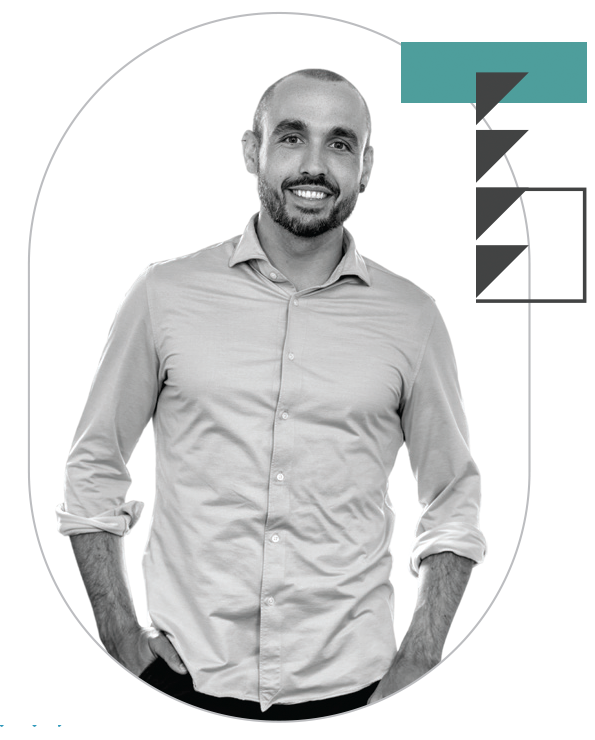 Portrait photo of Dr. Reina-Campos. In black and white with colorful lines and curved line motifs.